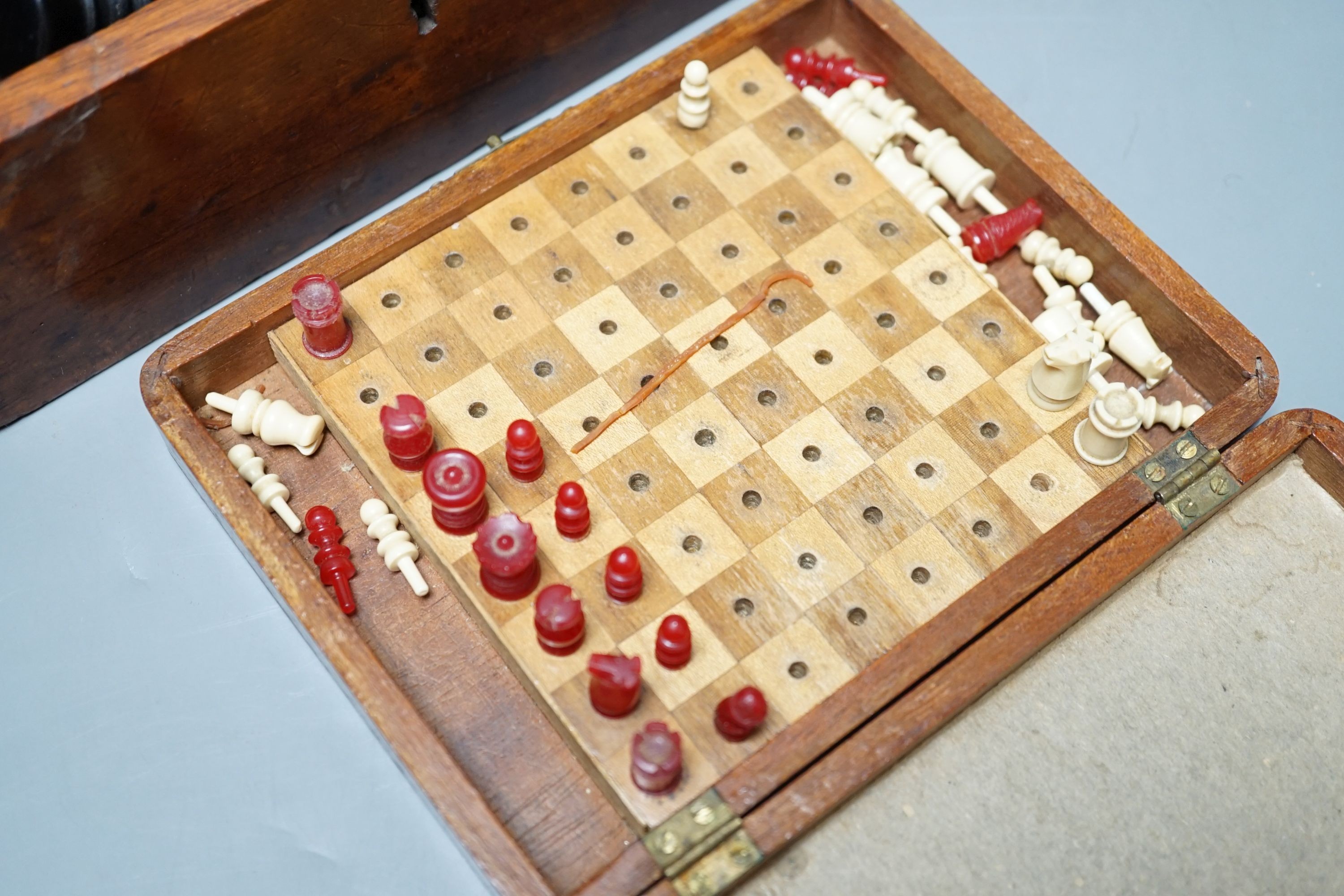 A Staunton chess set, some associate pieces and a miniature chess set. King height - 9cm